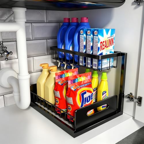 REALINN Under Sink Organizer, Pull Out Cabinet Organizer, 2 Tier Metal Slide Out Shelf with L Shaped Design for Kitchen, Bathroom, Laundry, and Utility Cabinet Storage for Deep Cabinets, Black, 1 Pack - color: Black, size: 1 Pack