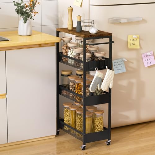 Vincona 9.1" Wide Slim Rolling Utility Cart, 4 Tier Metal Narrow Storage Cart with Handle and Wood Top, Multifunctional Small Mobile Shelf Unit Organizer Trolley for Laundry, Bathroom, Kitchen - color: Black, size: 9.1" wide
