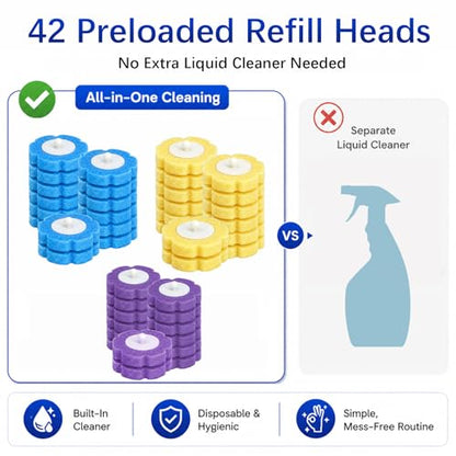 Disposable Toilet Brush with 42 Refills, Toilet Bowl Cleaner Brush with Holder, Wall Mounted Toilet Wand Kit, Random Color Refill Heads in Blue, Yellow or Purple