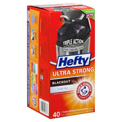 Hefty Ultra Strong 13 Gallon Trash Bags,Black Tall Kitchen Trash Bags 13 Gallon Size,Break Resistant Drawstring Enclosure,Continuous Odor Control,Blackout,Unscented,40-Bags,(Pack of 6) - size: 40 Count (Pack of 6)