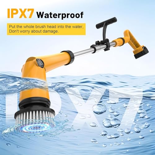 1500 RPM Electric Spin Scrubber for DeWalt 20V Battery, Power Shower Scrubber for Bathroom/Floor/Bathtub/Toilet/Tile,Electric Cleaning Brush with Long Handle & 8 Replaceable Brush (Yellow)