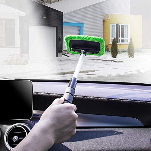 XINDELL Windshield Cleaner Tool – Car Window Cleaning Tool Extendable Handle for Easy Cleaning, 9pcs Reusable Microfiber Pads, Streak-Free Interior & Exterior Auto Glass Cleaner (Green) - size: 17in