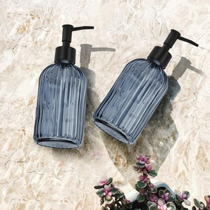 Glass Soap Dispenser with Plastic Pump, Hand Soap Dispenser for Hand Wash, Lotion Dispenser for Dishwashing Liquid, Lotion Shower Gel (Striped Blue Grey) - color: Striped Blue Grey