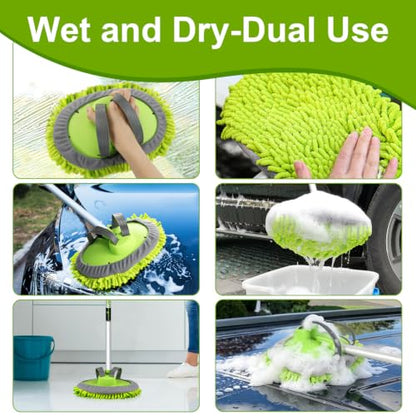 anngrowy 62" Microfiber Car Wash Brush Mop Kit Mitt Sponge with Long Handle Car Cleaning Supplies Kit Duster Washing Car Tools Accessories, 1 Chenille Scratch-Free Replacement Head Aluminum Alloy Pole - color: Green
