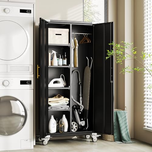 Broom Closet Storage Cabinet, Metal Cleaning Cabinets with Hanging Rod and S-Hooks, Lockable Tool Cabinets, Utility Cabinet for Garden, Office, Laundry Room, Black - color: Black