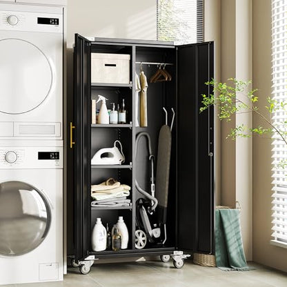 Broom Closet Storage Cabinet, Metal Cleaning Cabinets with Hanging Rod and S-Hooks, Lockable Tool Cabinets, Utility Cabinet for Garden, Office, Laundry Room, Black - color: Black