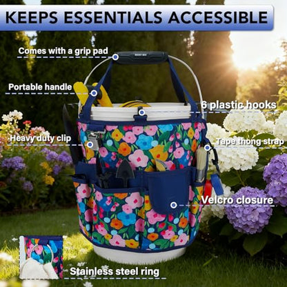 KUNN 18-Pocket Bucket Tool Organizer | Heavy-Duty 5 Gallon Bucket Caddy with Hangable Handle | Gardening Tool Bag & Garden Caddy Accessory for Gardeners, Blue - style: Blue Bloom