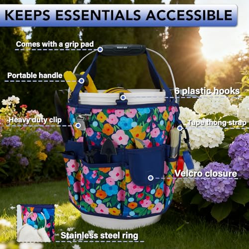 KUNN 18-Pocket Bucket Tool Organizer | Heavy-Duty 5 Gallon Bucket Caddy with Hangable Handle | Gardening Tool Bag & Garden Caddy Accessory for Gardeners, Blue - style: Blue Bloom