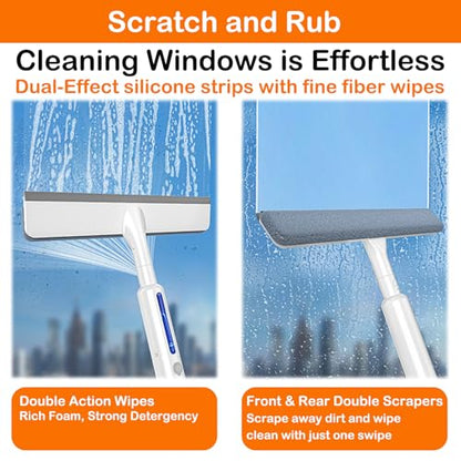 RV Window Cleaning Squeegee with Spray, Max 73.3" Handle, Motorhome & Camper Exterior Glass Cleaner, 3-in-1 Spray Mop for High Windows, Home & Car
