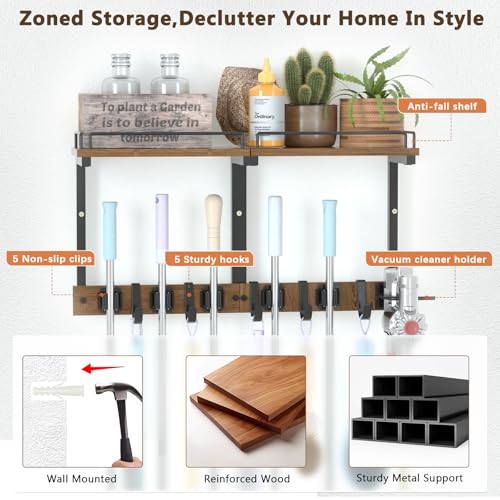 Mop Holder Wall Mount with Cleaning Supplies Organizer, Wood Mop and Broom Hanger Rack Organizer with Anti-Fall Wall Shelf with 5 Clips & Hooks for Garage Laundry Room Kitchen (Brown) - color: Brown