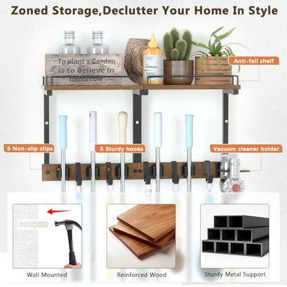 Mop Holder Wall Mount with Cleaning Supplies Organizer, Wood Mop and Broom Hanger Rack Organizer with Anti-Fall Wall Shelf with 5 Clips & Hooks for Garage Laundry Room Kitchen (Brown) - color: Brown