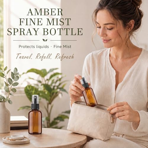 48 Pack Amber Plastic Spray Bottles, 2oz Fine Mist Spray Bottles for Essential Oils, Water Spray Bottle for Hair Plant & Cleaning Solution