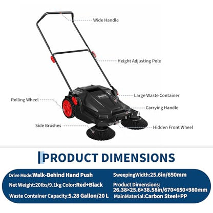 Garvee Walk-Behind Outdoor Hand Push Floor Sweeper, 25.6 in Sweeping Width Manual Push Floor Sweeper, with 5-Gallon Dust Container, Adjustable Folding Handle for Garage Patio Yard Driveway
