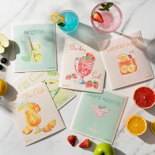 RECYCO Swedish Dishcloths for Kitchen | 6 Pack Cocktails Washable Dish Rags | Cellulose Reusable Cleaning Paper Towels | Absorbent Counter Dish Cloth Sponge Kitchen Wipes, 8" L x 7" W - color: Cocktails - 6 Pack