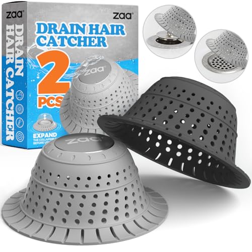 zaa Bathtub Drain Hair Catcher, 2 Pack Silicone Collapsible Bathtub Drain Cover Hair Catcher & Protector for Pop-Up & Regular Drains of Shower, Bathtub, Tub, Bathroom, Sink, Gray & Black - color: Gray Black