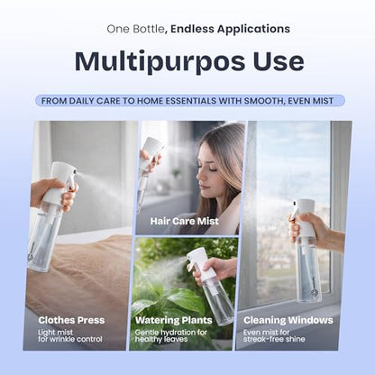 Continuous Spray Bottle for Hair 2 Pack – Fine Mist Water Sprayer 10oz (300ml), Refillable for Hair Styling, Continuous Mist for Plants, Cleaning, Skincare & Petcare, BPA-Free, Leak-Proof, 360° Mist