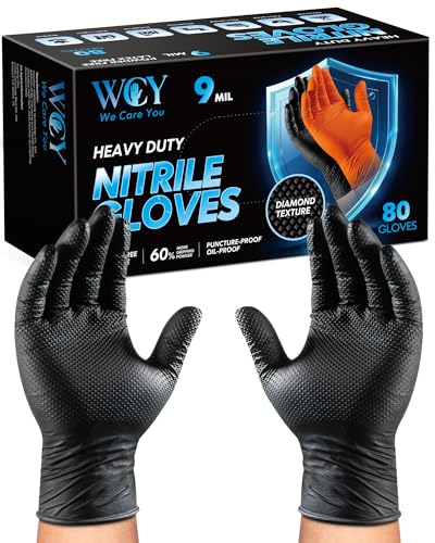 wcy 9mil Heavy Duty Disposable Nitrile Gloves, Black XLarge 80Pcs -Chemical Resistant, Latex Powder Free Rubber Gloves Diamond Texture for Automotive, Mechanics, Cooking,BBQ, Industrial Use - color: Black-80, size: X-Large