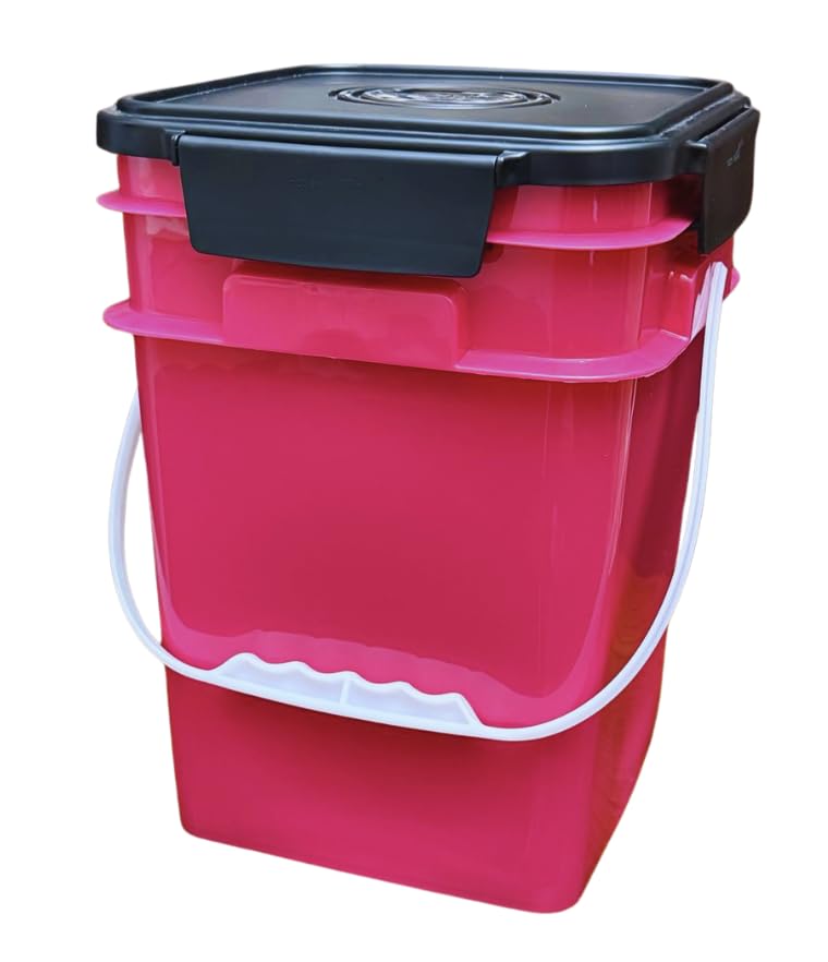 House Naturals 4 Gallon Square Food Grade Bucket Pail with Plastic Handles and Lid (Pack of 3) Made in USA containers (Pink/Magenta/Purple - Black lids) - color: Pink/Magenta/Purple - Black Lids