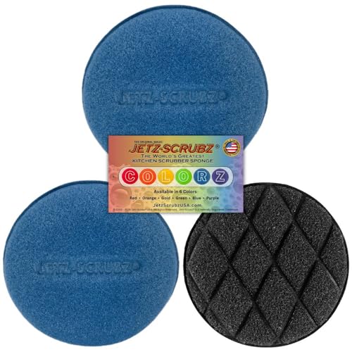Jetz-Scrubz Scratch-Free Kitchen Scrubber Sponge – Dual Sided Non-Scratch Dish Cleaning Sponge for Cookware, Dishes & Kitchen Surfaces – Odor Resistant, Reusable – Round Scrub Sponges (3 Pack, Blue) - color: Blue