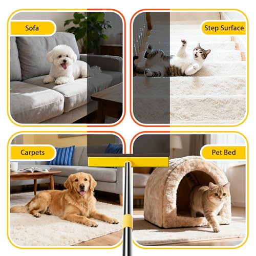 Rubber Broom for Pet Hair Removal, Carpet rake with Squeegee for Cleaning Pet Hair, 52 inch Long Handle Rubber Broom,Dual-Sided for Small Fluff Carpet, Hardwood Floor, Tile,Orange