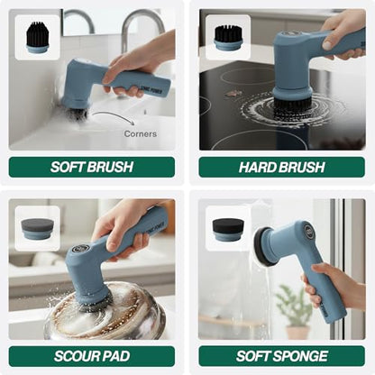 SonicPower Electric Spin Scrubber – Handheld & Ergonomic, IPX7 Waterproof, 4 Multi-Purpose Brush Heads, Long-Lasting Rechargeable Battery – Cleans Dishes, Bathroom, Tile, Grout & Kitchen (Steel Blue) - color: Steel Blue