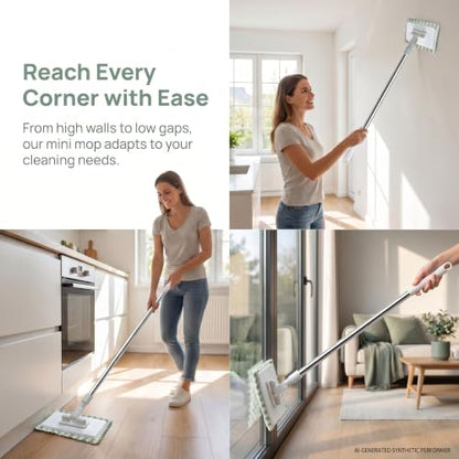Mini Mop, Touch-Free Cloth Release Hands-Free Multi-Purpose Flat Mop with One-Click Press Lock, Use Thin Wipes or Soft Cloths, 39 in. Handle, Wet or Dry Tool for Small Spaces, 5 Cloths