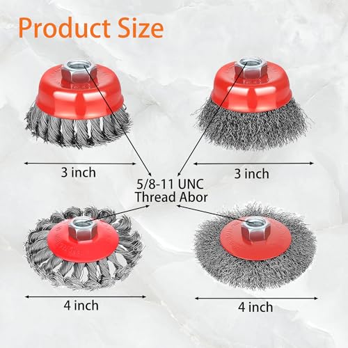 Wire Wheel Brush for 4 1/2 Angle Grinder, 5/8"-11 Thread Arbor,4 & 3 Inch Twist Knotted Coarse Crimped Wire Brushes (4pcs Wire Wheels) - style: 4pcs Wire Wheel