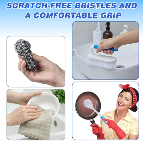 Hsei 12 Pcs Heavy Duty Scrub Brush Kit, Bathroom Bathtub Scrubber, Hard Bristle Cleaning Brush with Ergonomic Handle and Durable Bristles for Cleaning Carpet Kitchen Pots, Pans and Sinks