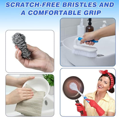 Hsei 12 Pcs Heavy Duty Scrub Brush Kit, Bathroom Bathtub Scrubber, Hard Bristle Cleaning Brush with Ergonomic Handle and Durable Bristles for Cleaning Carpet Kitchen Pots, Pans and Sinks