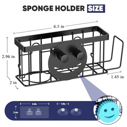 MURLONG Sponge Holder for Kitchen Sink,Sink Caddy Smiley Face,4-in-1 Sponge Holder with Suction Cups & 1 PCS Adhesive Strips for Holding Soap,Brush,Scrubber,Sponge,Stopper-Black - color: Black