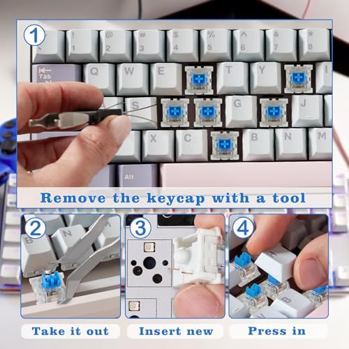 50 Pcs Blue Mechanical Keyboard Switches, 3-Pin Clicky Tactile Switches with Free Keycap Puller & Cleaning Brush, Complete Switch Replacement Kit for DIY