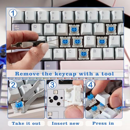 50 Pcs Blue Mechanical Keyboard Switches, 3-Pin Clicky Tactile Switches with Free Keycap Puller & Cleaning Brush, Complete Switch Replacement Kit for DIY