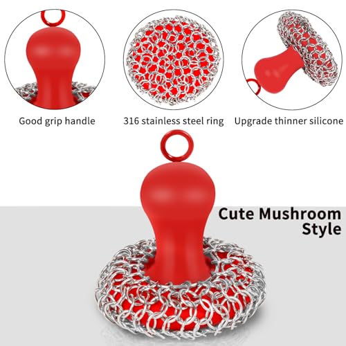 Cast Iron Cleaner Scrubber with Handle - Patented Chain Mail Cast Iron Scrubber Brush-Chainmail Sponge Scrub Cleaning Tool to Clean Skillets, Pan,Griddle, Wok, Dutch Oven - color: Red