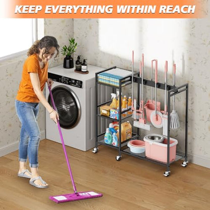 Broom and Mop Holder, Broom Closet Storage Cabinet with Cleaning Supplies Organizer, 2-in-1 Broom Mop and Cleaning Supplies Storage Cleaning Cart, Cleaning Cart with Wheels for Housekeeping - size: 37.4" x 13" x 34.2"