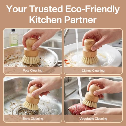 Wooden Dish Brush with Metal Stand Handheld Bamboo Wok Brush Scrubber for Dishes Pans Pots Fruit and Veggie Washing(1,Beige) - color: Beige