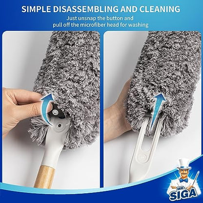 MR.SIGA Lint Free Microfiber Duster, Washable and Reusable Duster with Bamboo Handle and Replaceable Head, Duster for Household Cleaning