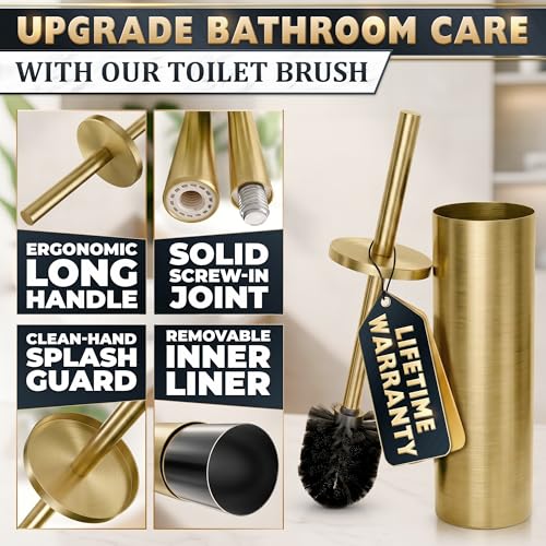 Gold Toilet Brush and Holder Set - Stainless Steel Gold Toilet Bowl Brush and Holder with Replaceable Head, Removable Inner Bowl, and Splash Guard - Dense Bristles for Thorough Cleaning - color: Gold