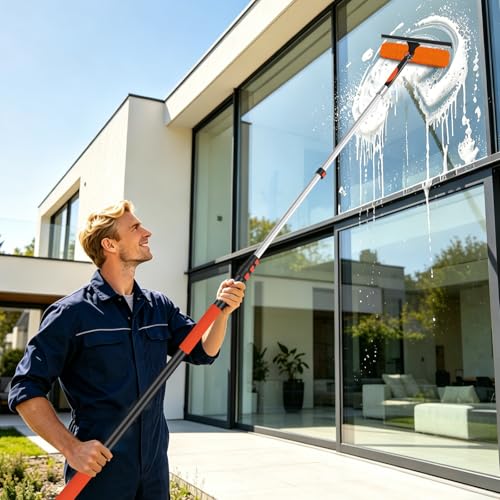 26FT Telescoping Window Squeegee Kit | 2-in-1 Professional Window Washer & Microfiber Scrubber with Extension Pole | High Reach Cleaning Tool for Outdoor, Indoor Windows & Glass - size: 20FT