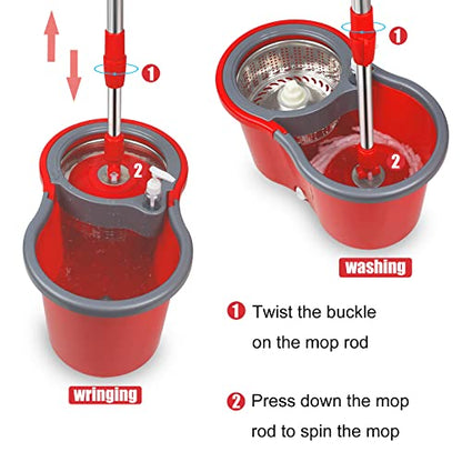 360 Mop and Bucket Set, Spin Mop Bucket with Wringer, Microfiber 3 Mop Replacement Heads, Mops for Floor Cleaning, Mop with Bucket (Red) - color: Red-1