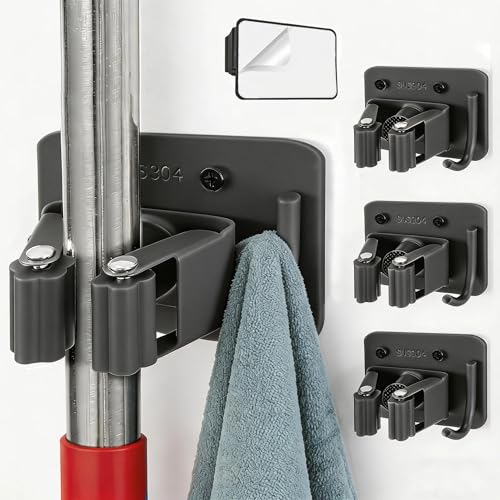 Mop Broom Holder, 4 Pcs Stainless Steel Broom Holder Wall Mount Self Adhesive/Screw Drilling Heavy Duty Broom and Mop Organizer Wall Hanging Cleaning Tool Organizer Gripper for Bathroom, Kitchen