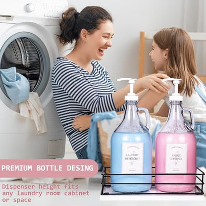 2 Pcs Glass Liquid Laundry Detergent Dispenser, Half Gallon Dispenser for Laundry Room (64 oz. Each), Laundry Detergent Bottles with Pump Dispenser -Includes Labels, Measuring Cups,Wooden Stand - color: White