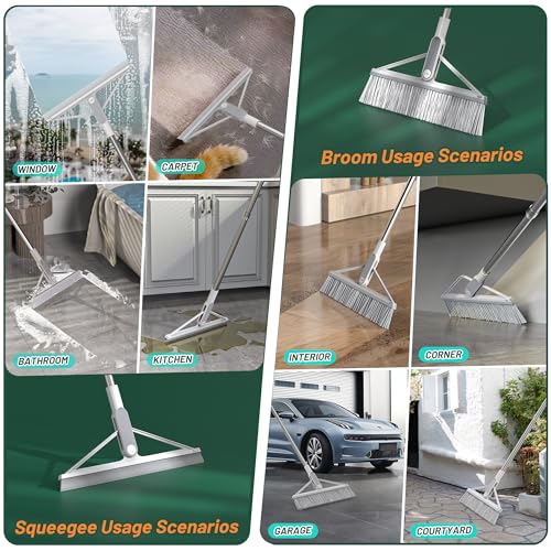 KOLLIEE 2 in 1 Floor Squeegee Broom Set Window Long Handle Rubber Squeegee Brush Mop Kit with Adjustable Handle 120° Rotating Angle Head for Wet Room Hard Floor Outdoor - size: Grey Broom and Floor Squeegee