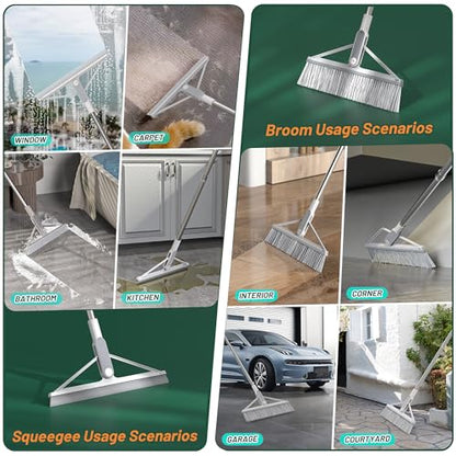 KOLLIEE 2 in 1 Floor Squeegee Broom Set Window Long Handle Rubber Squeegee Brush Mop Kit with Adjustable Handle 120° Rotating Angle Head for Wet Room Hard Floor Outdoor - size: Grey Broom and Floor Squeegee