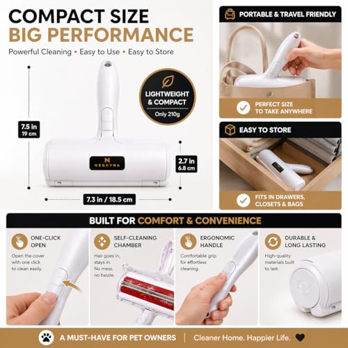 Pet Hair Remover Roller for Couch, Carpet, Furniture & Clothes – Reusable Lint Roller for Dog & Cat Hair – Washable Portable Fur Remover for Home & Car