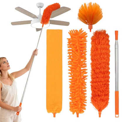 Cobweb Duster with Extension Pole, 4-in-1 Washable Cleaning Duster Kit, 15-100 Inch Long Telescoping Pole, Bendable Design for High Ceiling Fans Furniture, Microfiber Webster Remover Tools