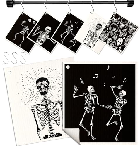 Miss Adola Swedish Dishcloths for Kitchen with Hooks - Reusable Dish Cloths for Washing Dishes Fast Drying Cute Fun 5 Pack Swedish Dish Towels Washable Cleaning Sponge, Dancing Skeleton - color: Dancing Skeleton