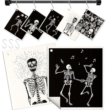 Miss Adola Swedish Dishcloths for Kitchen with Hooks - Reusable Dish Cloths for Washing Dishes Fast Drying Cute Fun 5 Pack Swedish Dish Towels Washable Cleaning Sponge, Dancing Skeleton - color: Dancing Skeleton