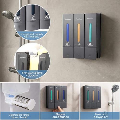 Shampoo and Conditioner Dispenser,Shower Dispenser 3 Chamber No Drill,Shower Soap Dispenser Wall Mounted for Bathroom Hotel with Upgrade Pump Head,3 * 400ml, (Gray 3 Chamber) - color: Gray 3 Chamber