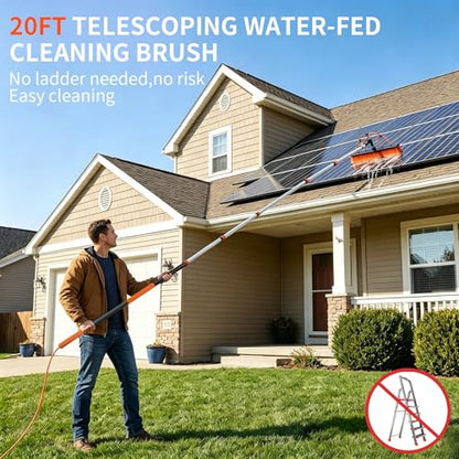 Solar Panel Cleaning Kit with 5-20ft Telescoping Pole, Water Fed Pole Window Cleaning System with Soap-Dispenser, Brush, 11″Squeegee & Cobweb Duster for Snow Removal, Windows, RVs, Decks - size: 5-20ft