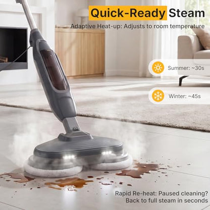 NEWBULIG Steam Mop, All-in-One Steam Mops for Floor Cleaning with Rapid Re-heat, Self-Standing Floor Steamer, 4 Rotating Scrub Pads, 2 LED Headlights, for Hardwood Floors & Tile